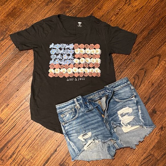 Tops - Floral American Flag Wild and Free Tee Shirt